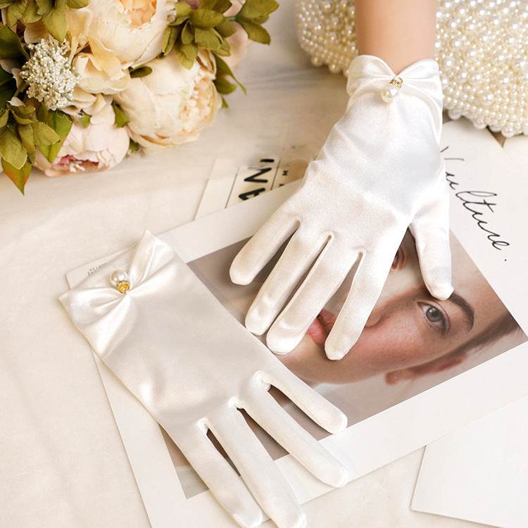 French Hepburn Style Pearl Satin Bridal Gloves - Elegant Wedding Accessory - Buy Center
