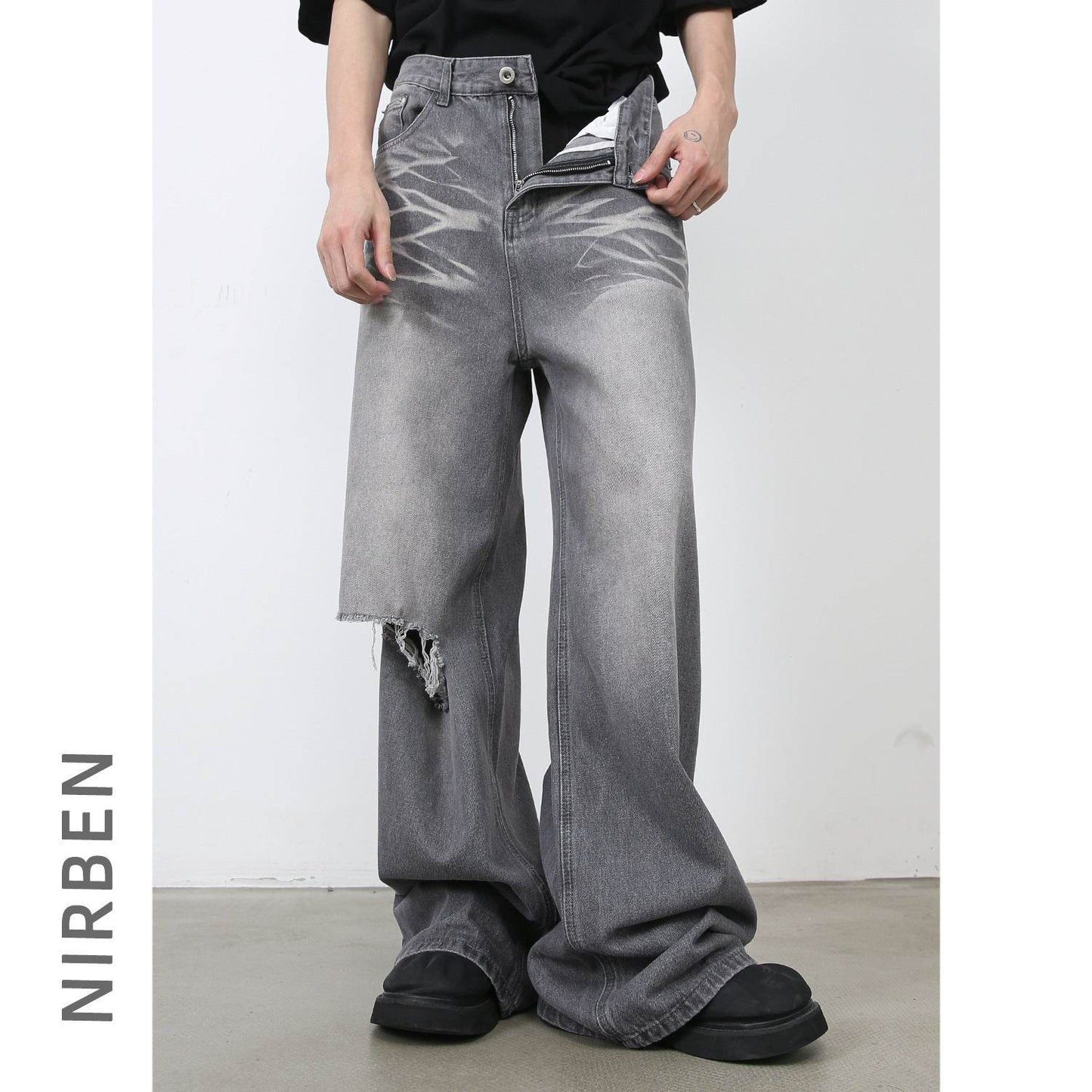 Buycenter Men's American Retro Ripped Loose Jeans - Straight Leg Design - Buy Center