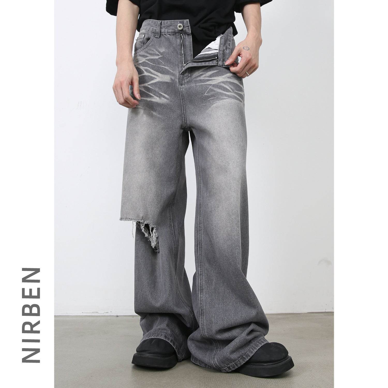 Buycenter Men's American Retro Ripped Loose Jeans - Straight Leg Design - Buy Center