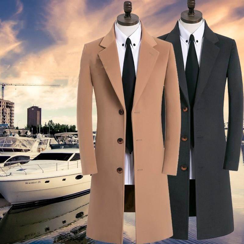 Buycenter Men's Woolen Trench Coat - Stylish Stand Collar, Multiple Colors - Buy Center