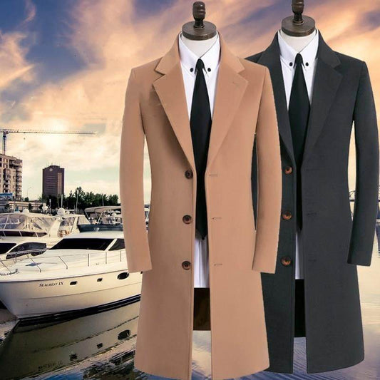 Buycenter Men's Woolen Trench Coat - Stylish Stand Collar, Multiple Colors - Buy Center