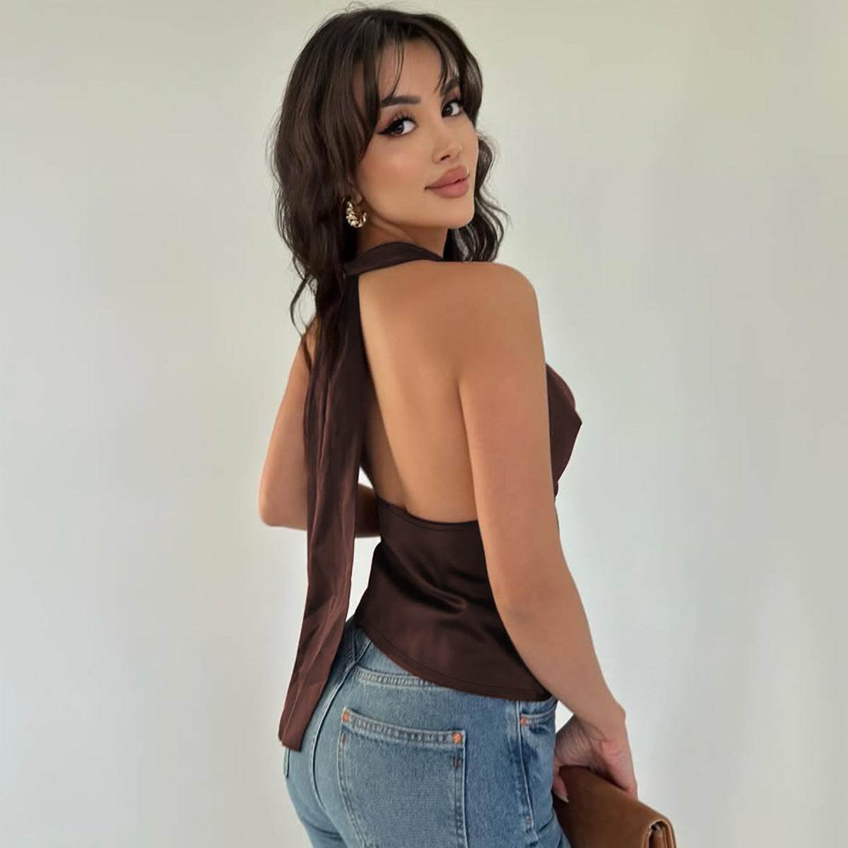 Buycenter Women's Halter Backless Top - Slim Fit Solid Color Vest - Buy Center