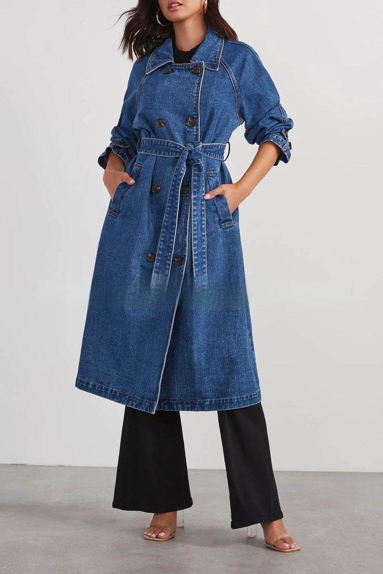 Buycenter Women's Denim Cotton Windbreaker - Double Pocket Long Jacket - Buy Center