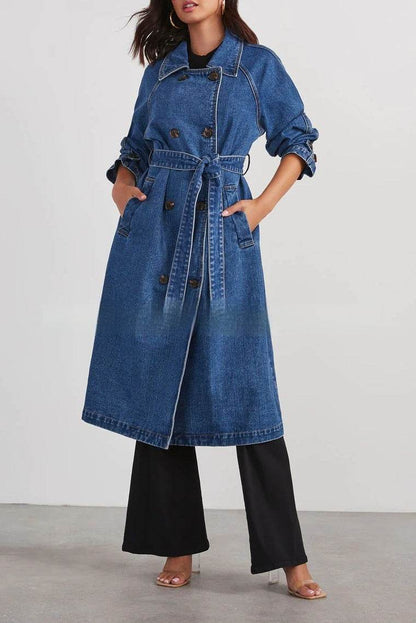 Buycenter Women's Denim Cotton Windbreaker - Double Pocket Long Jacket - Buy Center