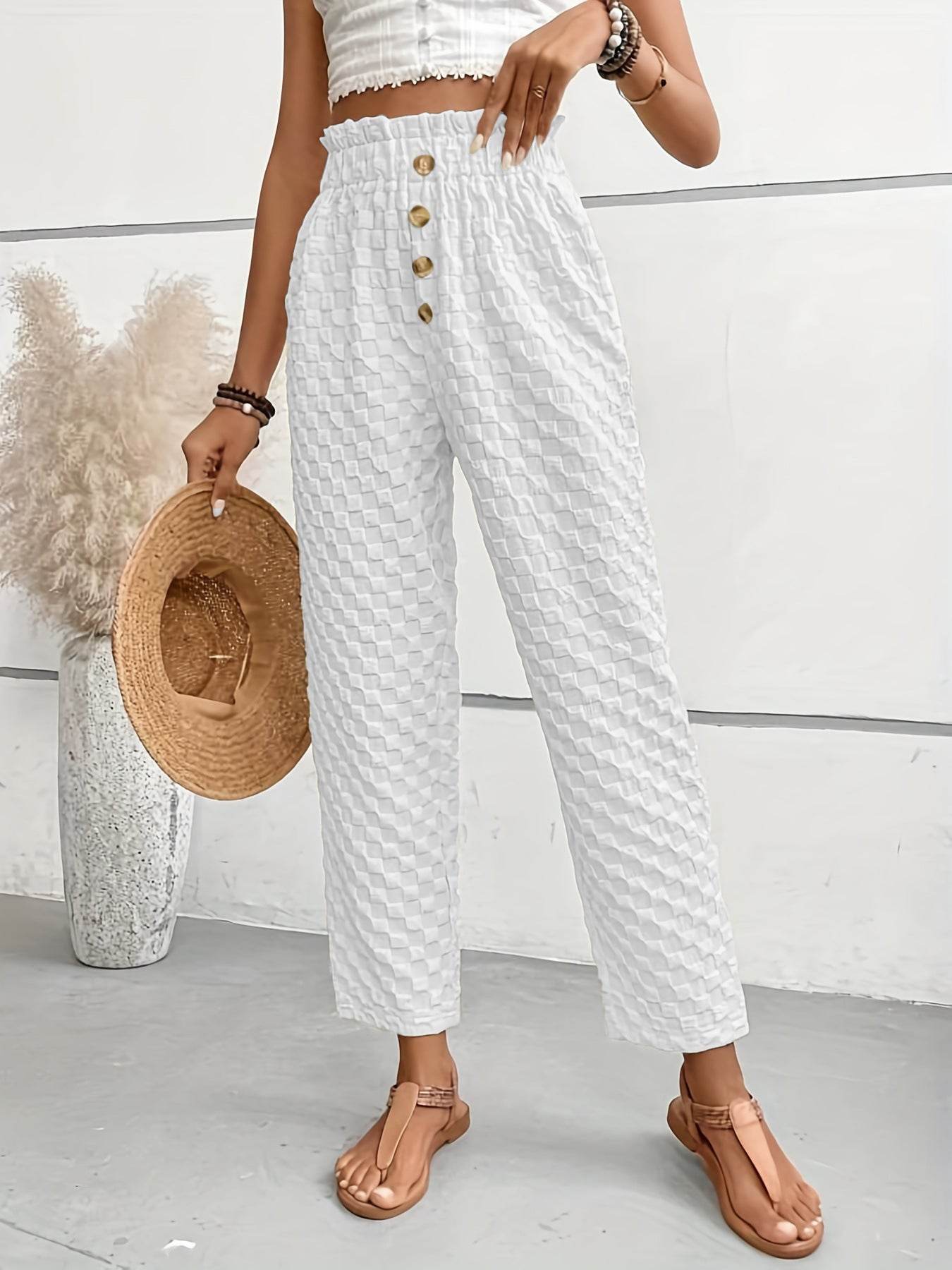 Women's Slim Fit Wide Leg Trousers - Trendy Buttoned Street Style - Buy Center