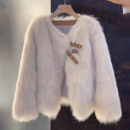Women's Short Autumn Button Top - Stylish Coat with Fur Collar - Buy Center