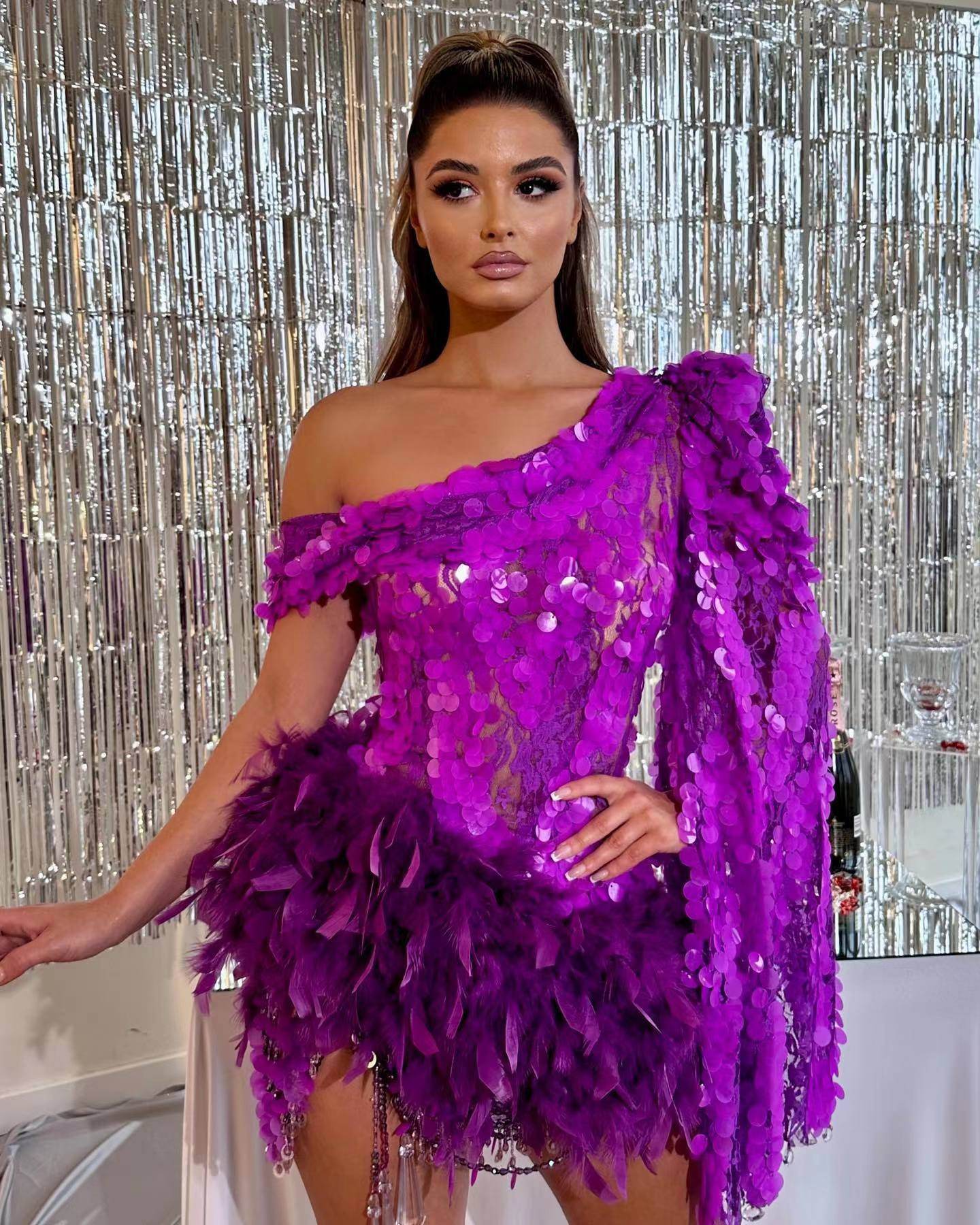 Luxury Purple Sequined Feather Skirt Dress - One-Shoulder Cocktail Glamour - Buy Center