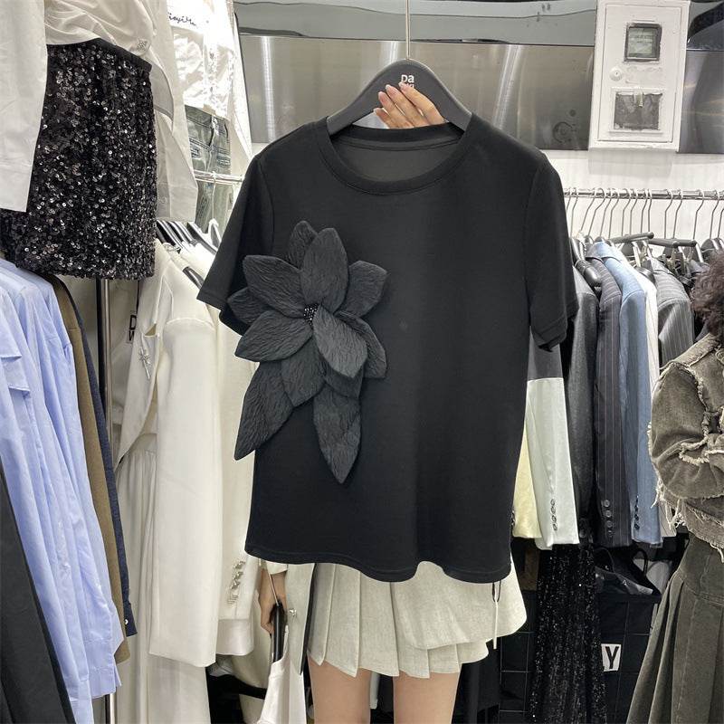 Stylish Three-Dimensional Flower T-Shirt for Women - Short Sleeve Elegance - Buy Center