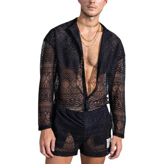 Buycenter Men's Summer Suit - Casual Long Sleeve Shirt & Shorts Set - Buy Center