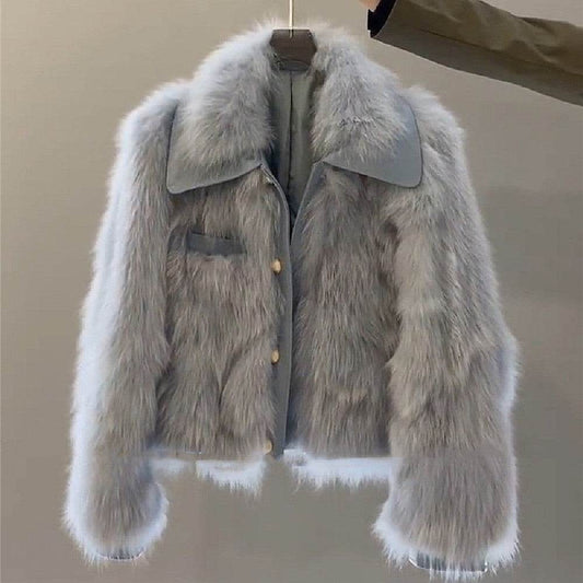 Women's Urban Style Fur Coat - Premium Acrylic Jacket in Gray/Brown - Buy Center
