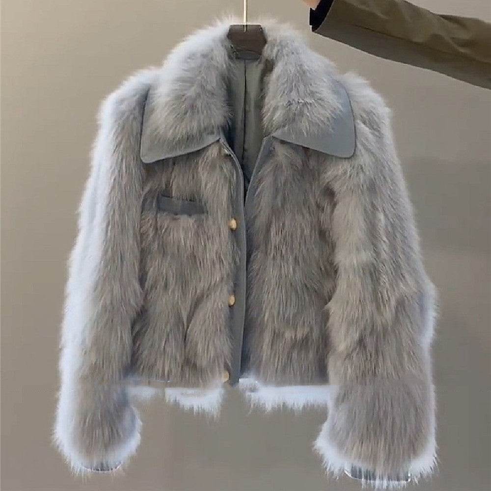 Women's Urban Style Fur Coat - Premium Acrylic Jacket in Gray/Brown - Buy Center