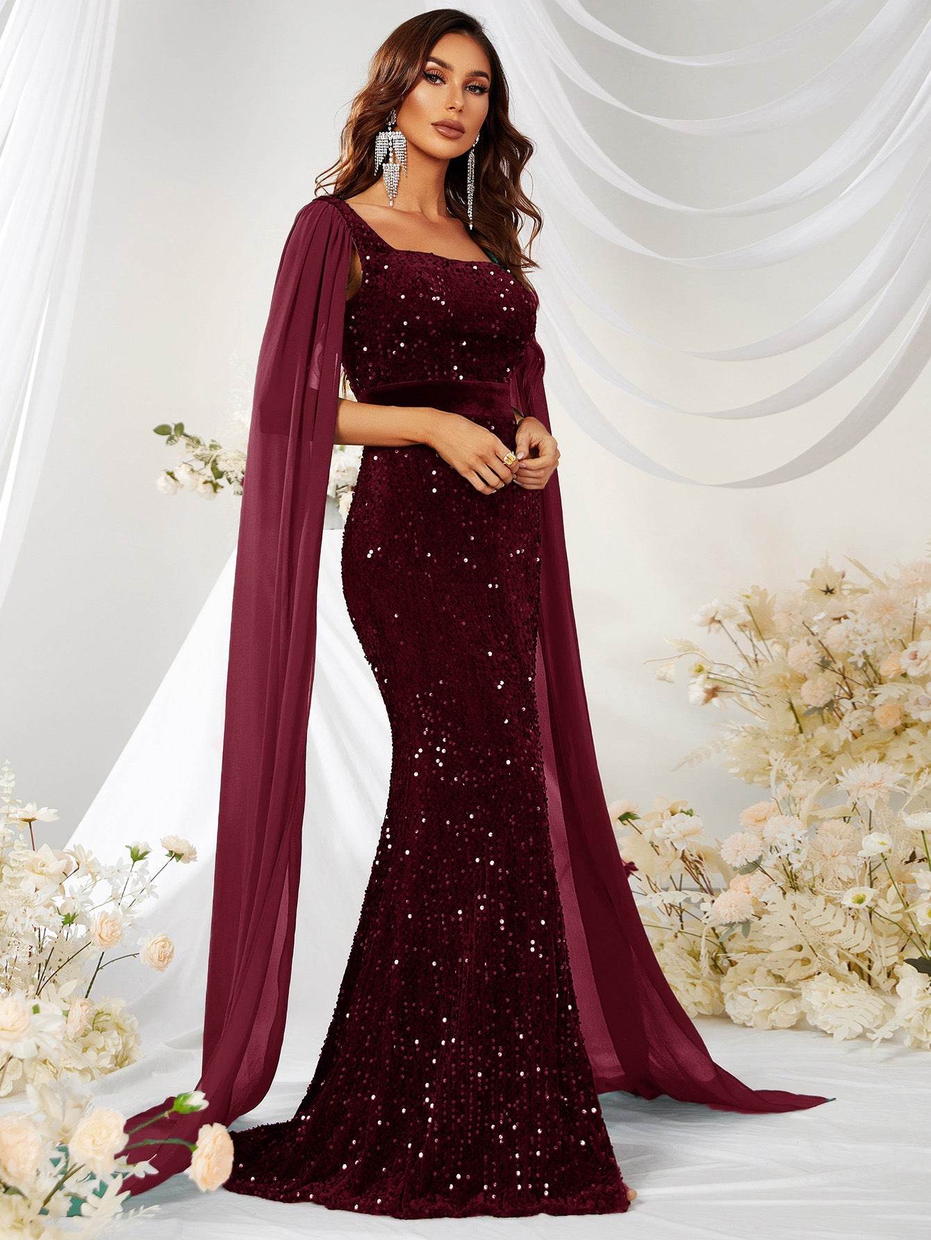 Buycenter Sequin Mesh Fishtail Dress - Elegant Wine Red Evening Skirt - Buy Center