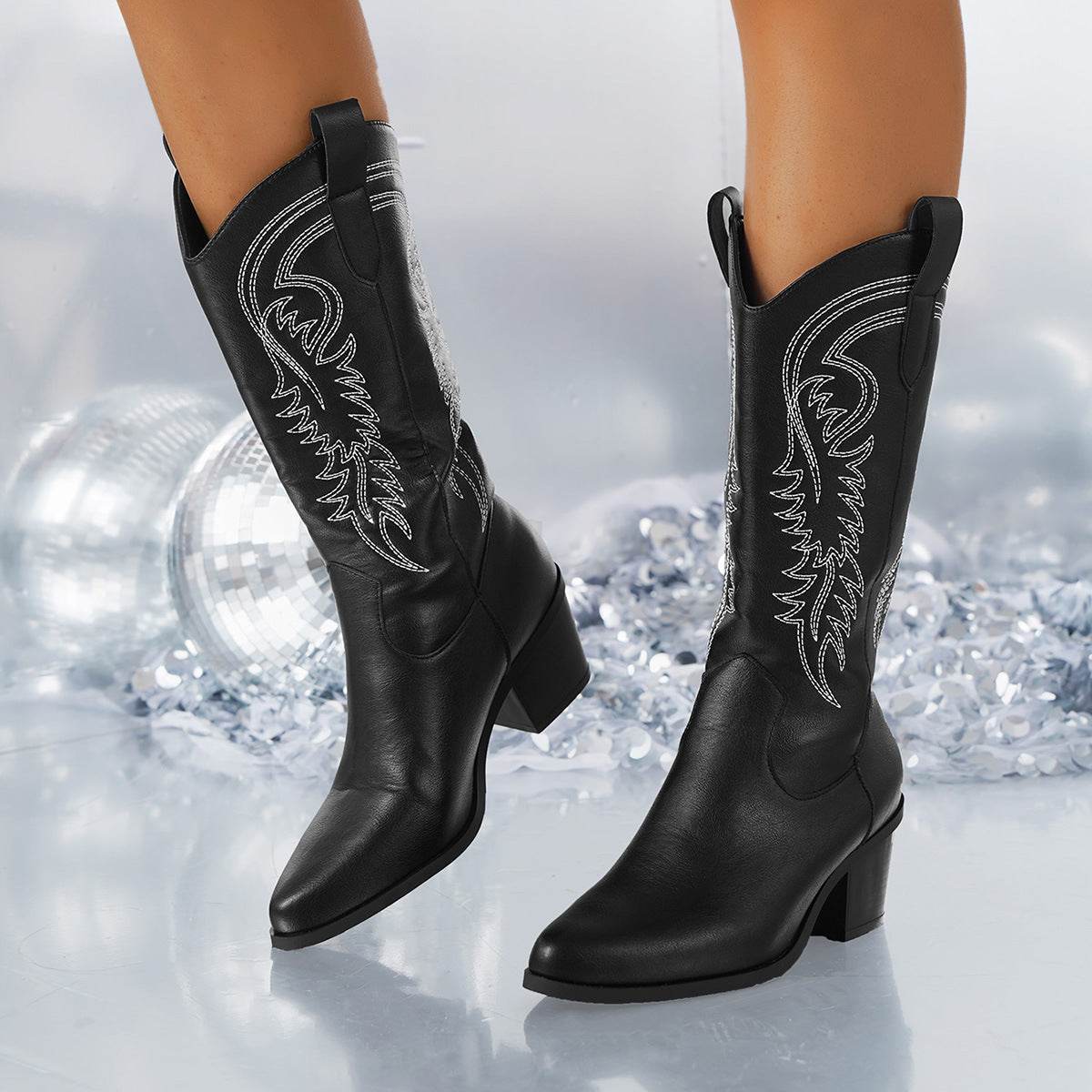 Buycenter Women's Mid-Calf Western Boots - Fashion Embroidered Pointed Toe - Buy Center