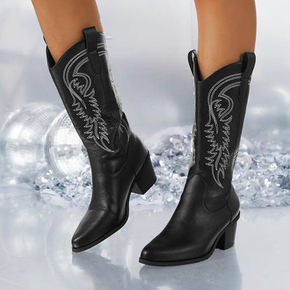 Buycenter Women's Mid-Calf Western Boots - Fashion Embroidered Pointed Toe - Buy Center