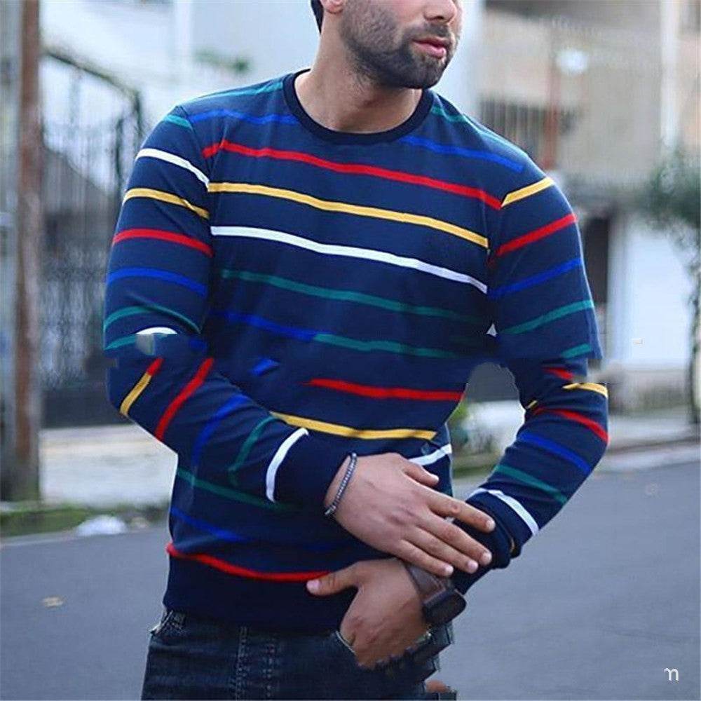 Buycenter Men's Striped Round Neck Shirt - Cotton Blend, Long Sleeve - Buy Center