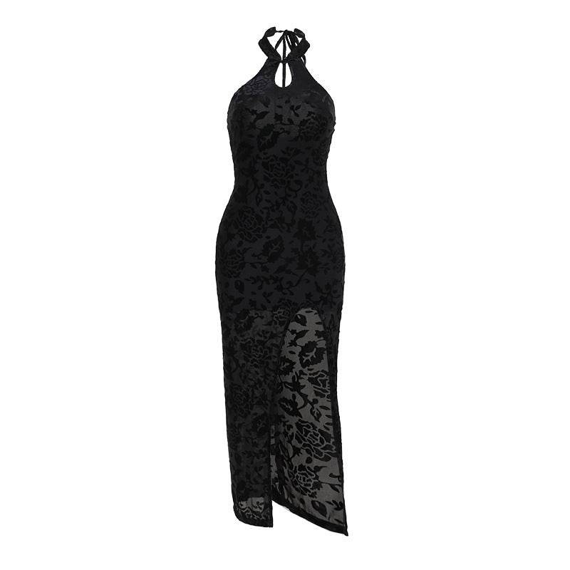 Flock Printing Slit Cheongsam Dress - High Waist Stylish Design for Women - Buy Center
