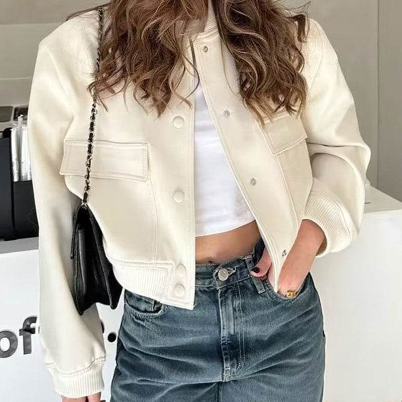 Buycenter Women's Jacket Coat - Stand Collar, Large Pocket, Short Length - Buy Center