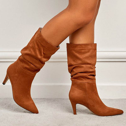 Buycenter Women's Plus Size Stiletto Heel Boots - Wrinkled Suede Design - Buy Center