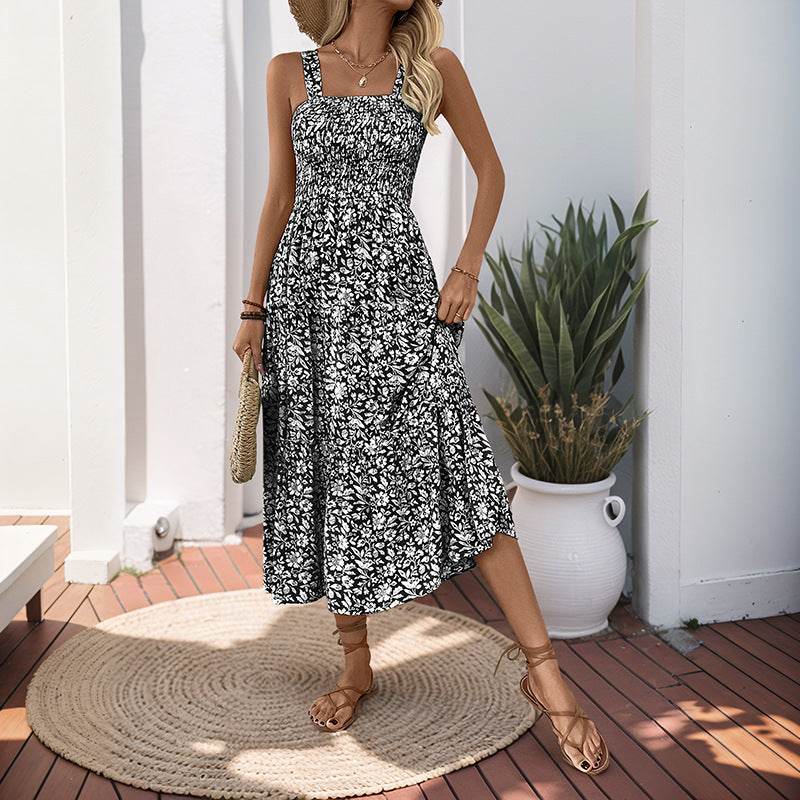 Buycenter Mid-Length Sleeveless Dress - Elegant Elastic Waist Floral Print - Buy Center