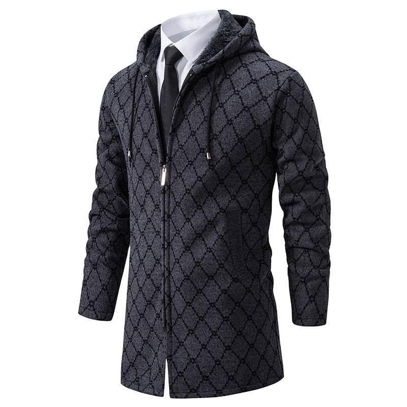 Stylish Men's Mid-Length Sweater Coat - Plaid Design with Removable Hood - Buy Center