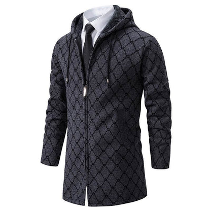 Stylish Men's Mid-Length Sweater Coat - Plaid Design with Removable Hood - Buy Center