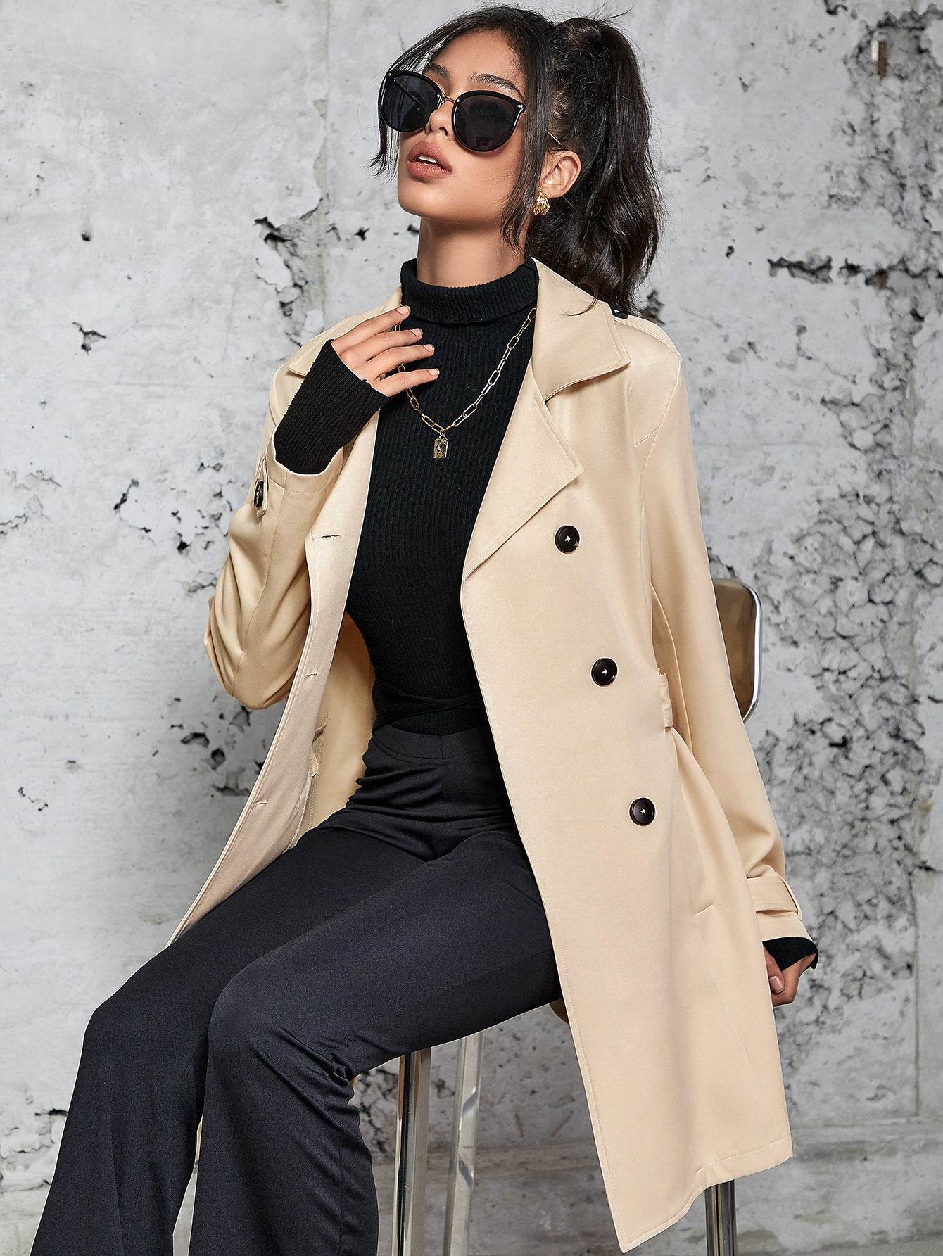 Women's Mid-Length Trench Coat - Elegant Apricot Design, British Style - Buy Center