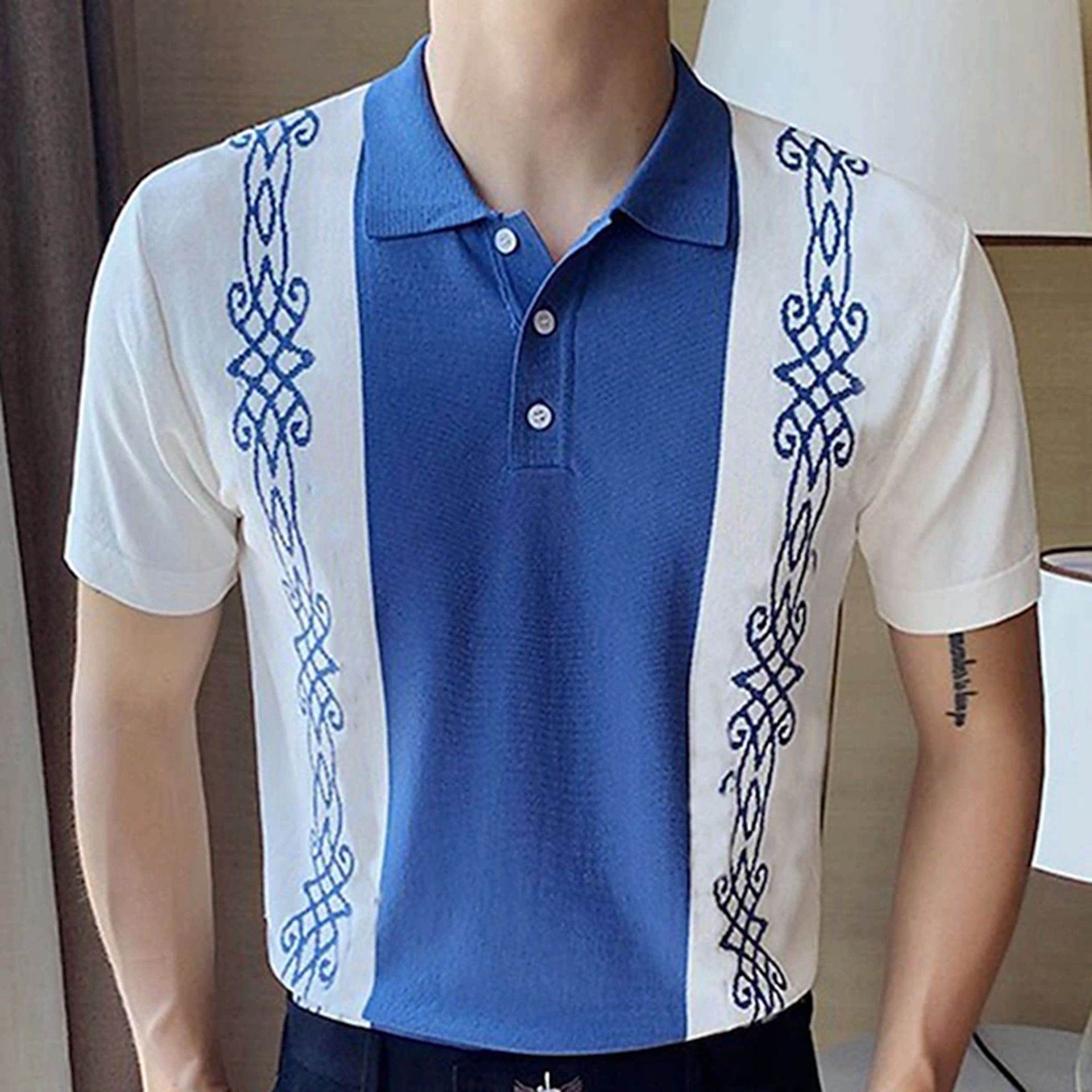 Buycenter Men's Tencel Jacquard Sweater - Short Sleeve, Blue, Size M-3XL - Buy Center