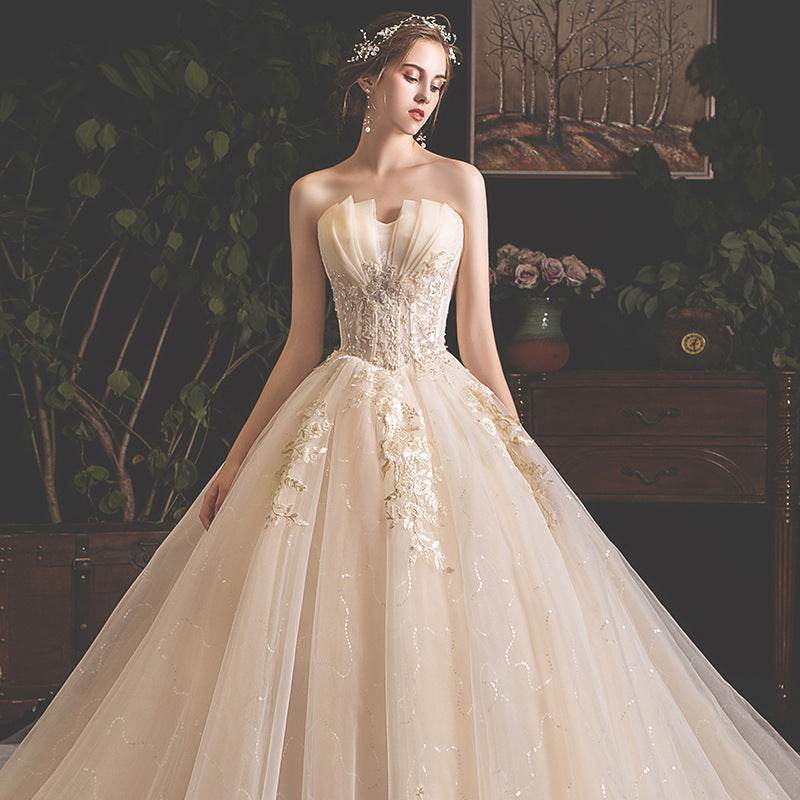 Elegant Bride Summer Tube Top Dress - Mori Style Trailing Skirt in Champagne - Buy Center