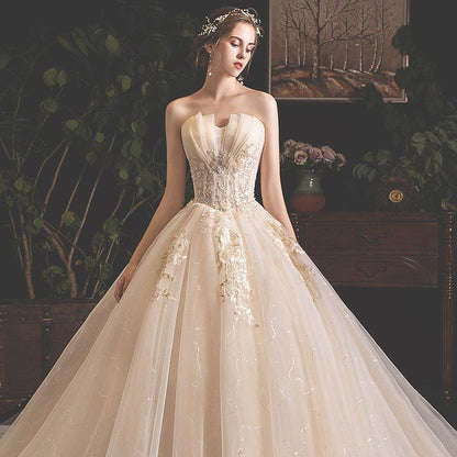 Elegant Bride Summer Tube Top Dress - Mori Style Trailing Skirt in Champagne - Buy Center