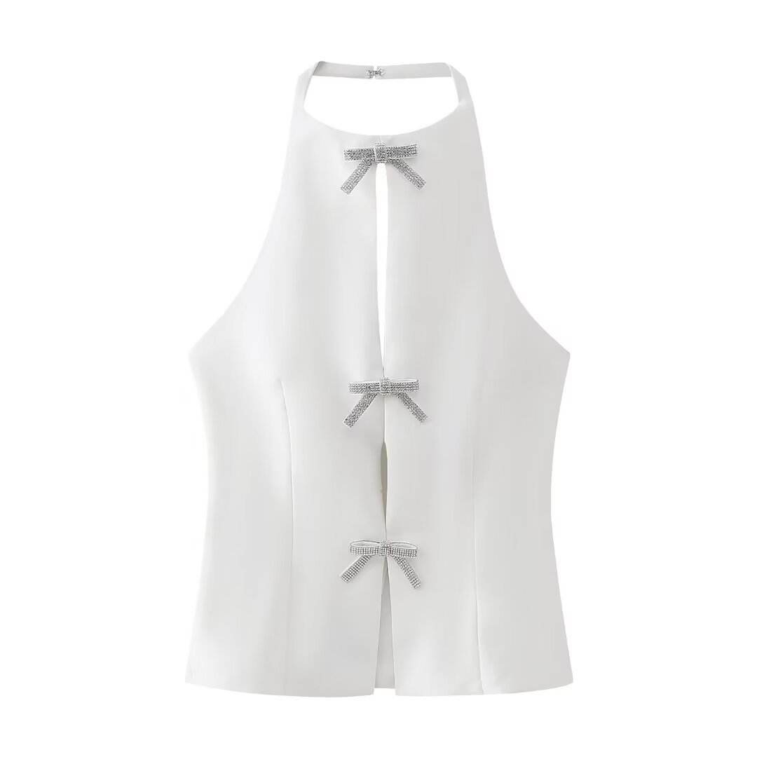 Bowknot Decoration Halter Camisole - Stylish Women's Top in White/Black - Buy Center