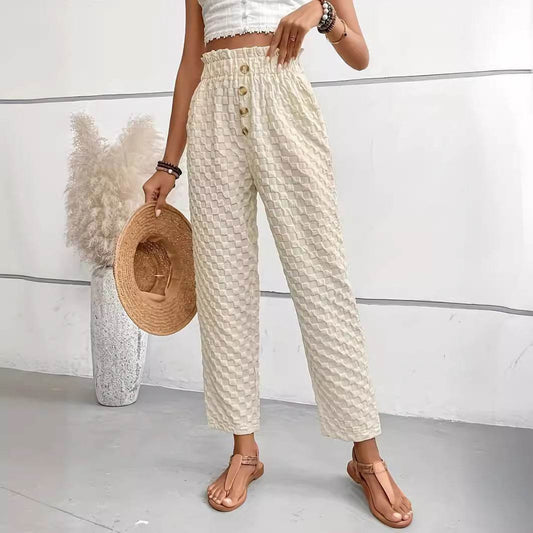 Women's Slim Fit Wide Leg Trousers - Trendy Buttoned Street Style - Buy Center
