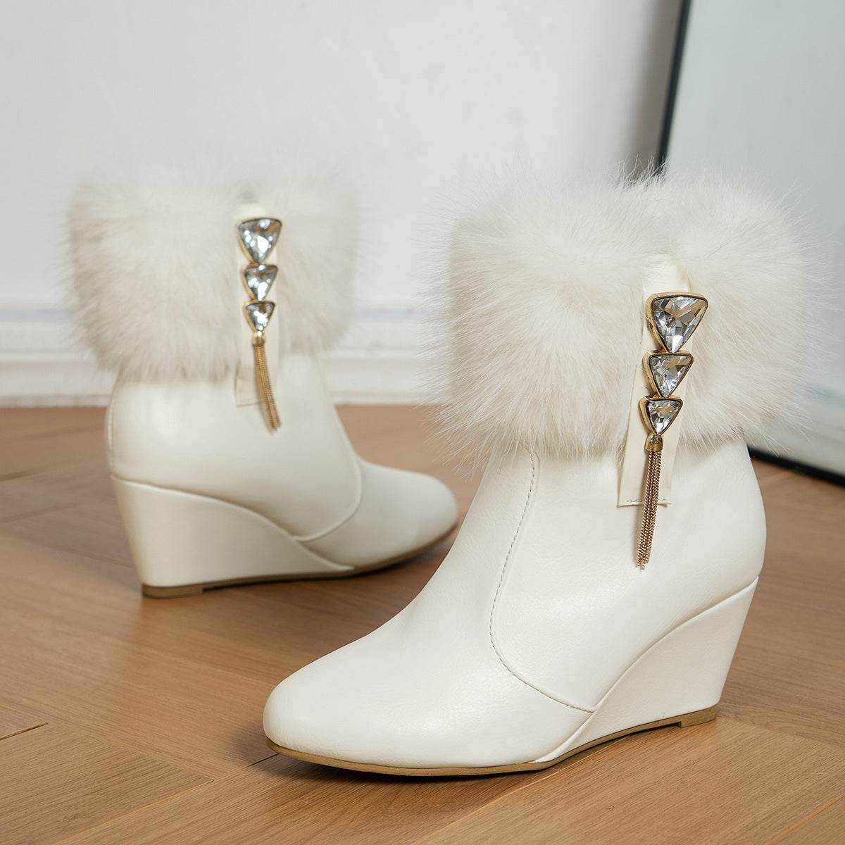 Women's Warm Wedge Mid-Calf Boots - Stylish Drill Buckle & Plush Detail - Buy Center