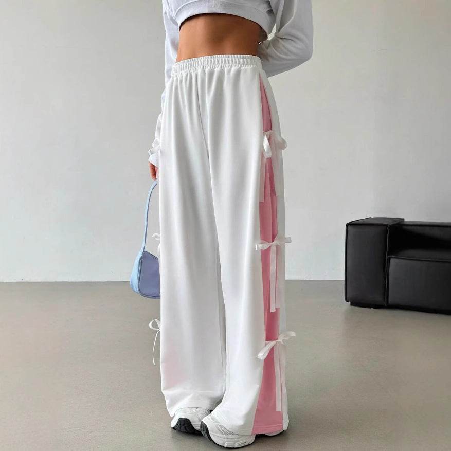 Women's Contrast Color Straight-Leg Trousers - Stylish Mid Rise, Elastic Waist - Buy Center