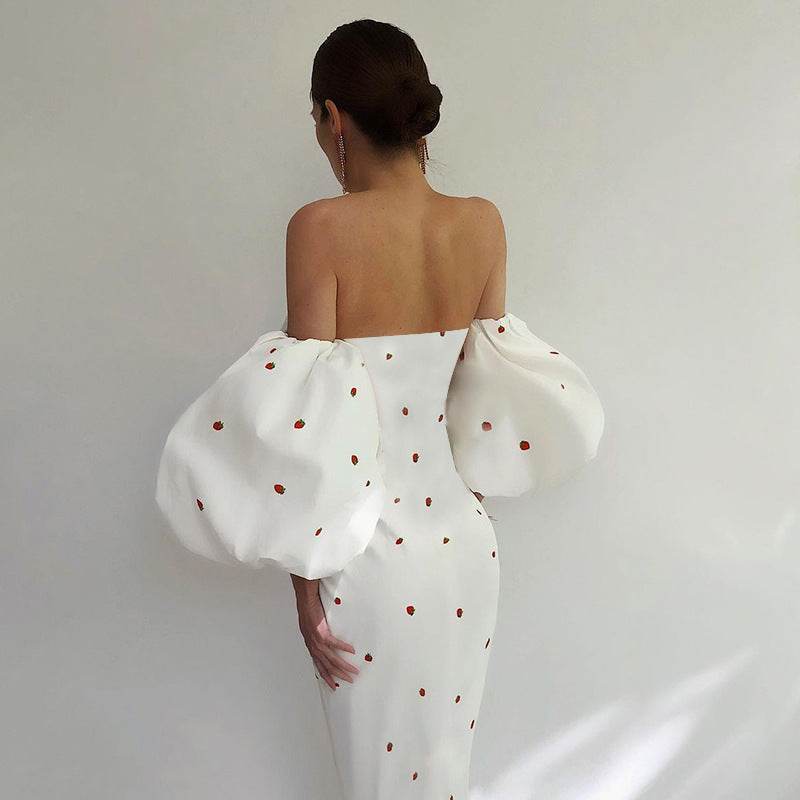 Buycenter Off-Shoulder Midi Dress - Printed Lantern Sleeve, High Waist - Buy Center