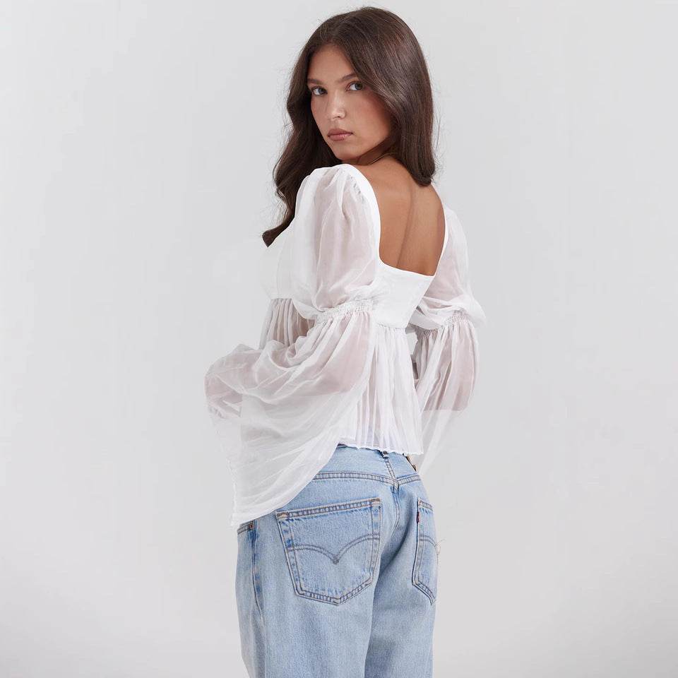 Buycenter Elegant Sheer Long Sleeve Square Collar Top - Fashionable Blouse - Buy Center
