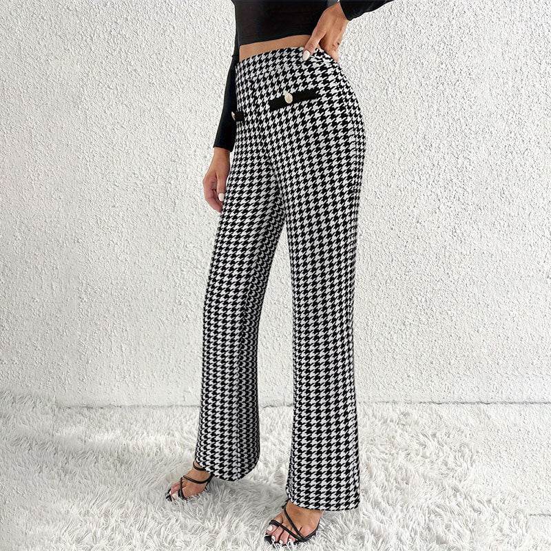 Chic Houndstooth Wide Leg Pants - Faux Pocket Detail for Stylish Appeal - Buy Center