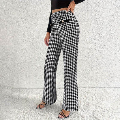 Chic Houndstooth Wide Leg Pants - Faux Pocket Detail for Stylish Appeal - Buy Center