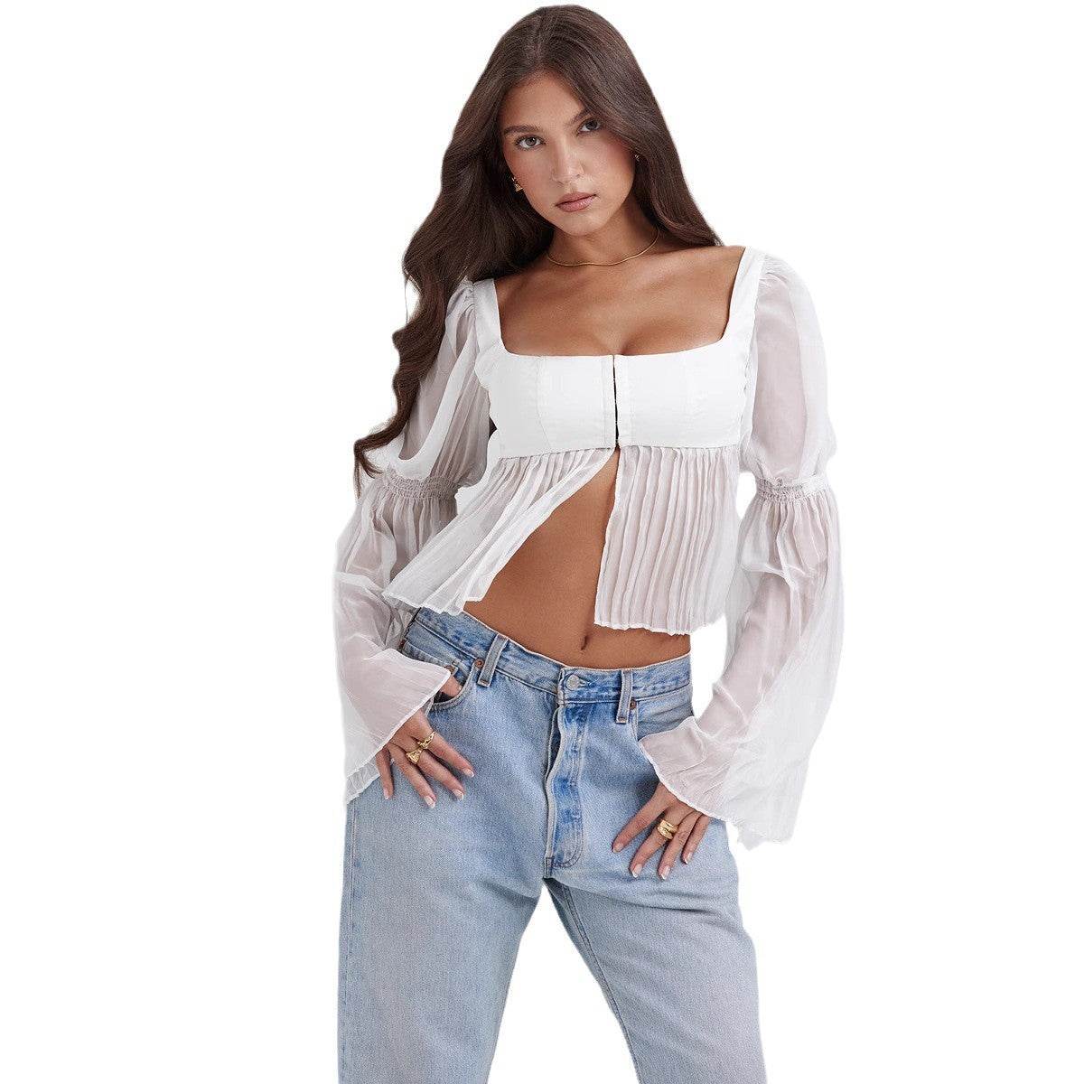 Buycenter Elegant Sheer Long Sleeve Square Collar Top - Fashionable Blouse - Buy Center