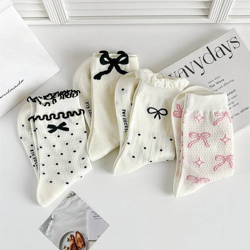 Three-Dimensional Polka Dot Bow Socks - Pure Cotton Mid-Calf for Women - Buy Center