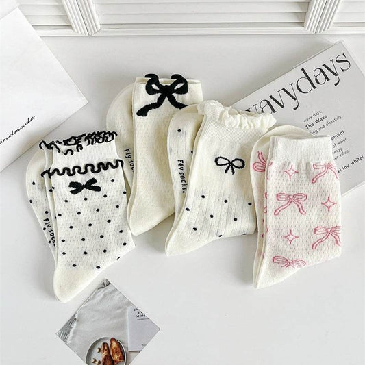 Three-Dimensional Polka Dot Bow Socks - Pure Cotton Mid-Calf for Women - Buy Center