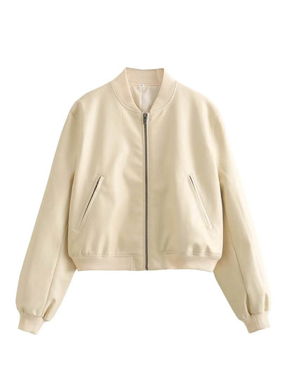 Women's Stand Collar Motorcycle Jacket - Premium Stylish Fur in Tan & Beige - Buy Center