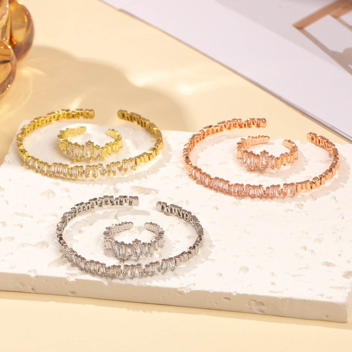 Fashionable Women's Bracelet & Ring Set - Irregular Cubic Zirconia Design - Buy Center