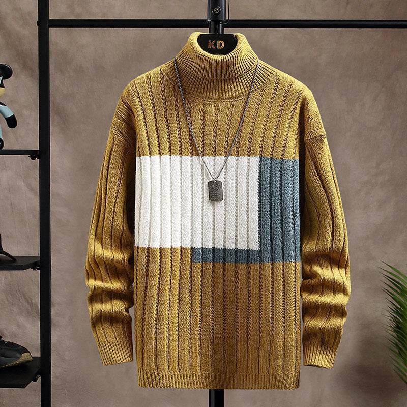 Buycenter Men's Knitted Turtleneck Sweater - Color Stitching, Cozy Warmth - Buy Center