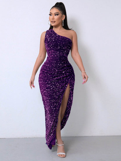 Buycenter Women's Sleeveless One Shoulder Dress - Sequins & Gorgeous Slit - Buy Center