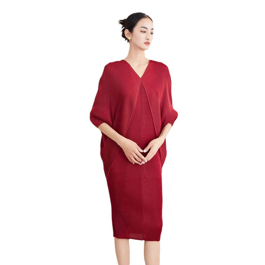 Women's Plus Size Pleated Dress - Elegant Batwing Sleeves & Slimming Fit - Buy Center