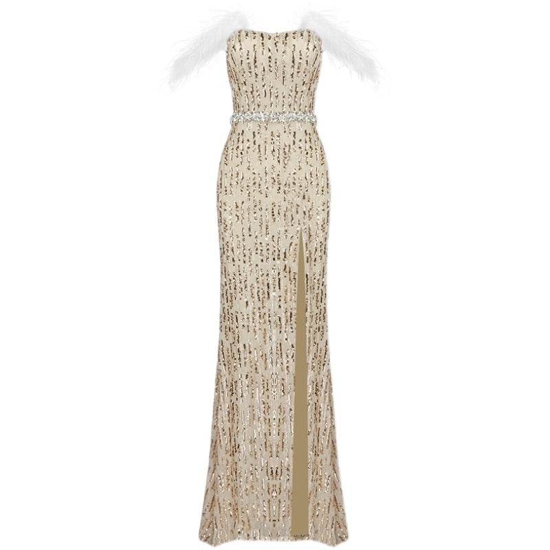 Buycenter Sexy Fishtail Evening Dress - Large Slit Champagne Tube Top - Buy Center
