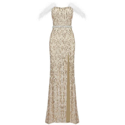 Buycenter Sexy Fishtail Evening Dress - Large Slit Champagne Tube Top - Buy Center