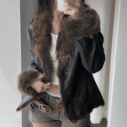 American Street Fur Collar Leather Coat - Edgy Style for Modern Women - Buy Center