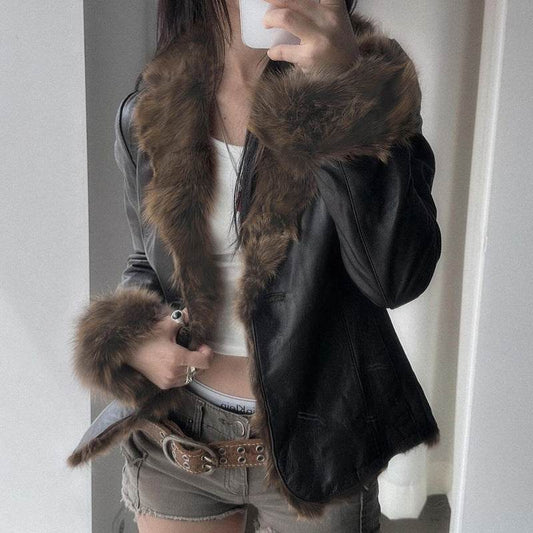 American Street Fur Collar Leather Coat - Edgy Style for Modern Women - Buy Center