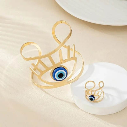 Buycenter 14K Gold Plated Bangle & Adjustable Ring Set - Golden Eye Charm - Buy Center